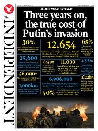 The Independent's front page on Monday 24 February 2025